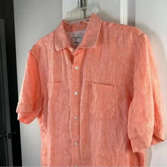 Baird McNutt Linen Short Sleeve Button Down Peach Sz Large Classic Breezy Beach - Picture 6 of 12